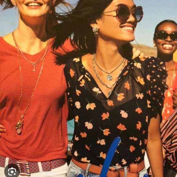 CAbi Sunset Kiss Navy Floral Sheer Blouse with Ruffle Sleeves- Medium - Picture 2 of 7